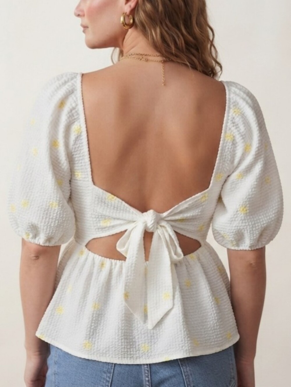 NWT Sz M Japna 100% Cotton White Puff-Sleeve Top w/ Yellow Floral Embroidery